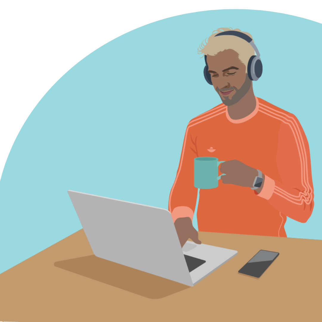 an illustration of a person using a computer, holding a mug
